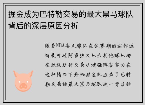 掘金成为巴特勒交易的最大黑马球队背后的深层原因分析